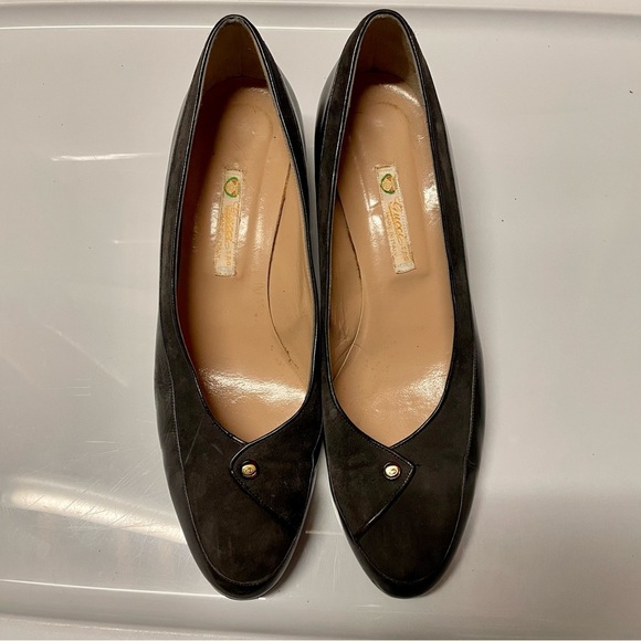 Vintage Gucci Heels 39 US 9 Leather Fold GG Hardware Gold Logo Brown Designer - Picture 1 of 6